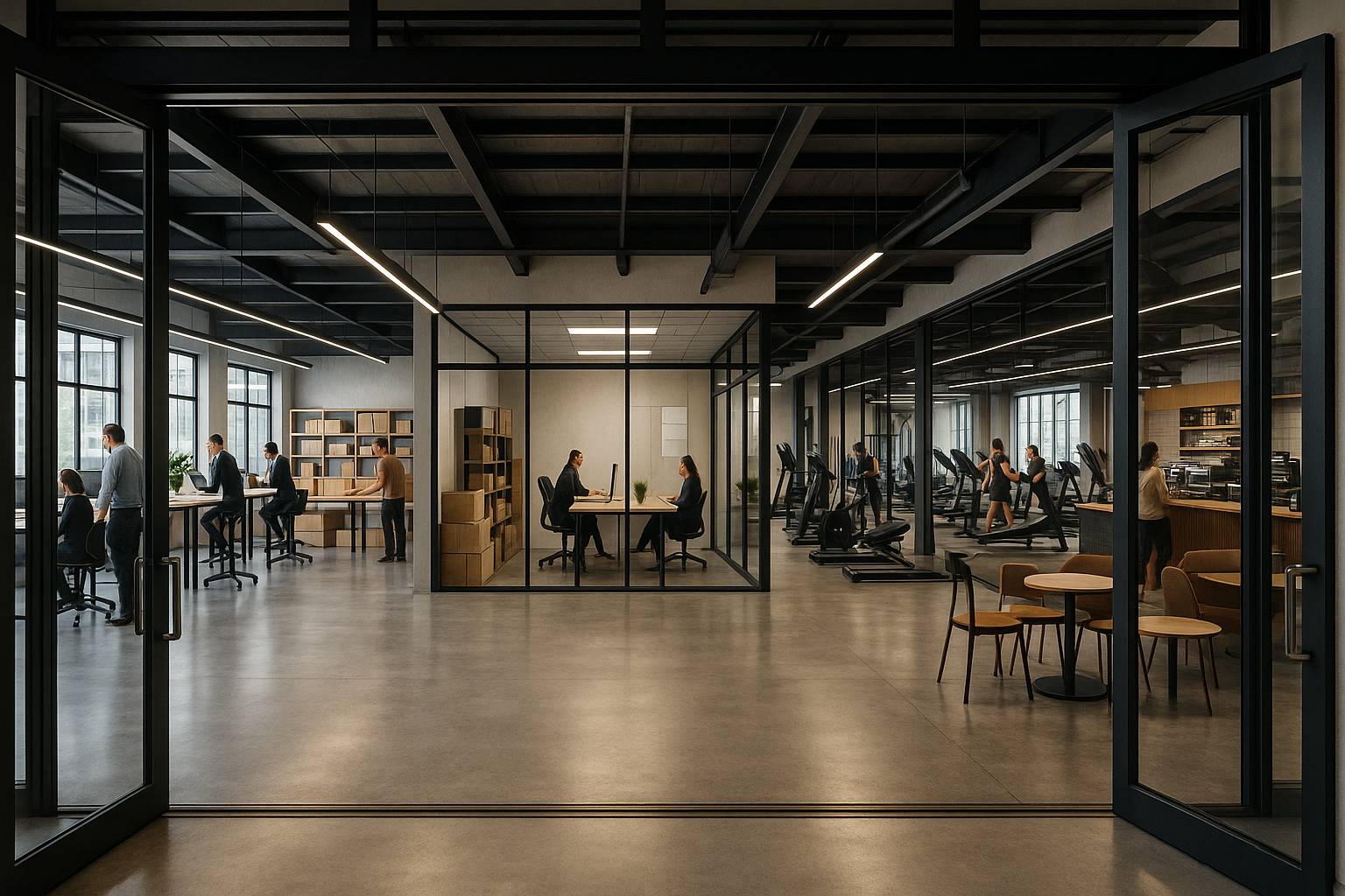 A gym for entrepreneurs, with the opening clip enterign throgh doors seeing communal office spaces, studio rooms, shipcenters, and amentities like a gym and cafe